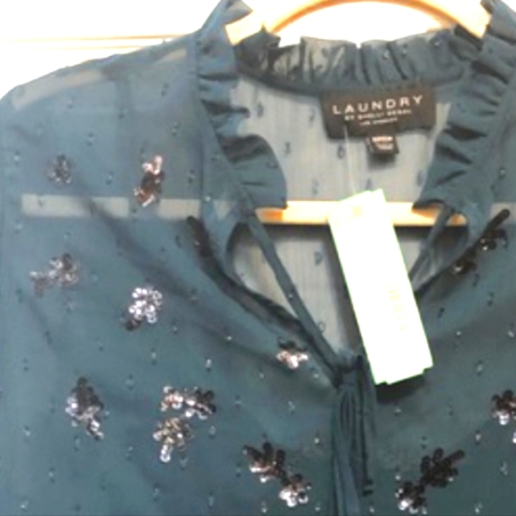 Laundry by Shelli Segal Dark Teal Yareli Ruffle, Embellished Blouse. Small - Picture 7 of 11
